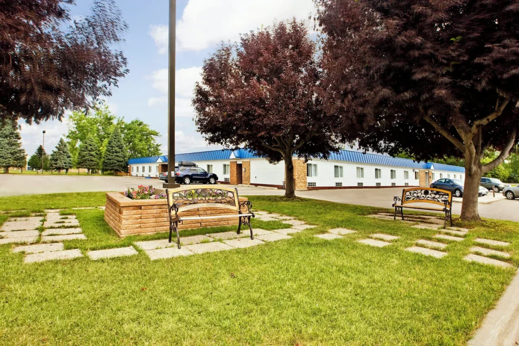 Outdoor seating area with landscaping