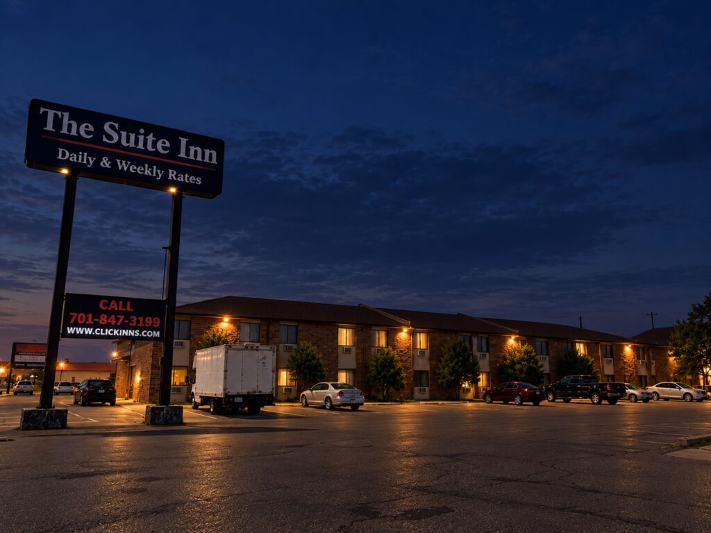 The Suite Inn Minot ND exterior and sign at night